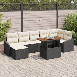 Juego de comedor de jardín de 8 piezas con cojines Ratán Poliéster Negro Acacia