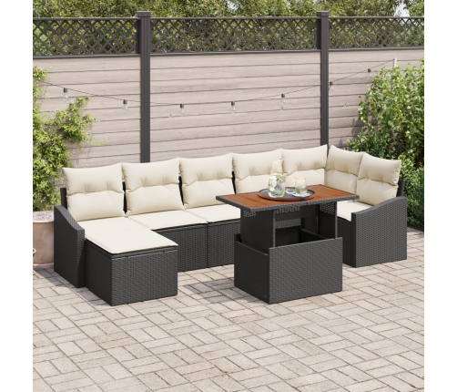 Juego de comedor de jardín de 8 piezas con cojines Ratán Poliéster Negro Acacia