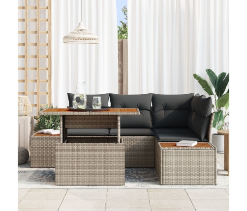 Conjunto de Comedor Jardín de 5 Piezas con Cojines Gris Ratán de Poliéster Acacia