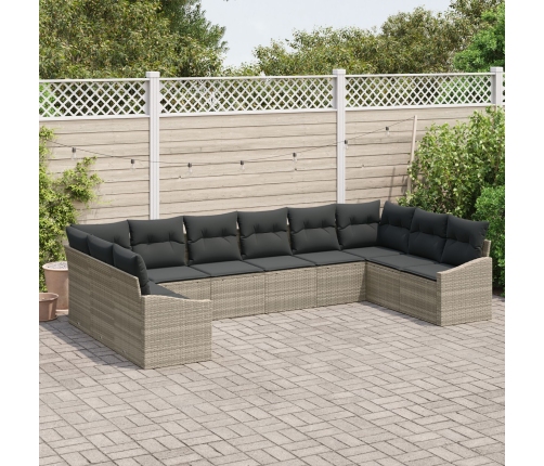 Conjunto de Sofá de Jardín de 10 Piezas con Almohadas Gris Claro Poliratán