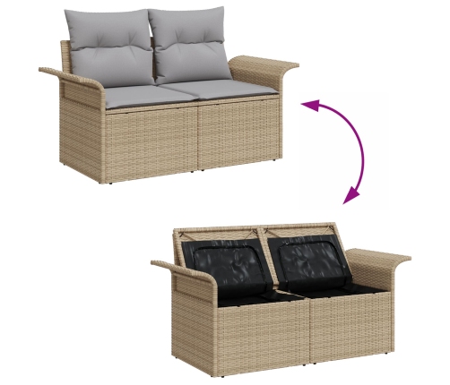 Juego de Sofá de Jardín de 9 Piezas con Cojines Beige Poli Rattan,  Sofá de Jardín de 2 Plazas con Almacenamiento y Cojines Beige Poli Rattan