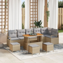 Conjunto de Sofás de Jardín de 10 Piezas con Cojines Beige Poliratán Acacia, Sofá de Jardín de 2 Plazas con Almacenamiento y Cojines Beige Poliratán, Conjunto de Comedor de Jardín de 4 Piezas con Cojines Beige Poliratán Acacia