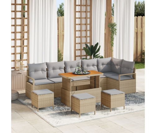 Conjunto de Sofás de Jardín de 10 Piezas con Cojines Beige Poliratán Acacia, Sofá de Jardín de 2 Plazas con Almacenamiento y Cojines Beige Poliratán, Conjunto de Comedor de Jardín de 4 Piezas con Cojines Beige Poliratán Acacia