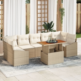 Conjunto de Comedor de Jardín  de 8 Piezas con Cojines Beige de Ratán Poliéster Acacia