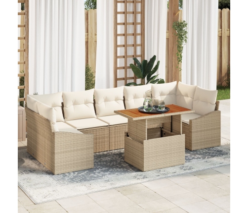 Conjunto de Comedor de Jardín  de 8 Piezas con Cojines Beige de Ratán Poliéster Acacia