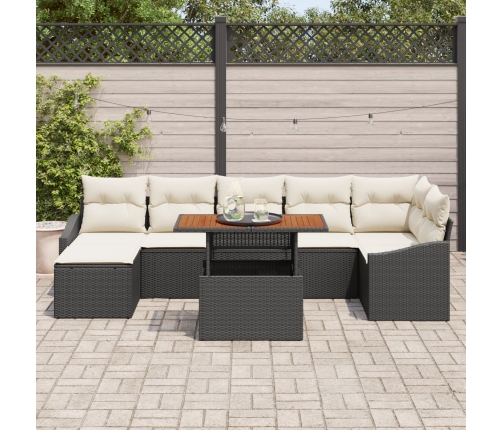 Juego de comedor de jardín de 8 piezas con cojines Ratán Poliéster Negro Acacia