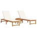 Tumbonas  2 pcs con Mesa y Cojines de Madera Maciza de Acacia, Tumbona  con Cojines Crema de Madera Maciza de Acacia, Mesa Lateral de Jardín  35x35x34 cm de Madera Maciza de Acacia