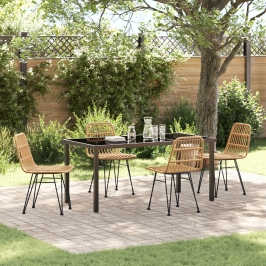 Conjunto de Comedor Jardín de 5 Piezas Marrón Ratán Poliéster
