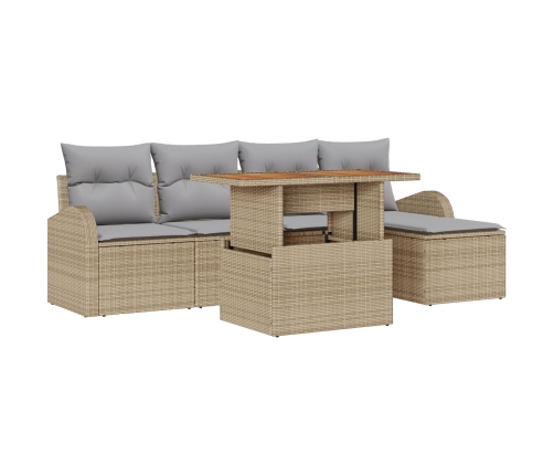 Conjunto de 6 Piezas de Comedor de Jardín con Cojines Beige Poliratán Acacia