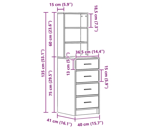 Highboard Roble Artesanal 40x41x135 cm Madera Elaborada