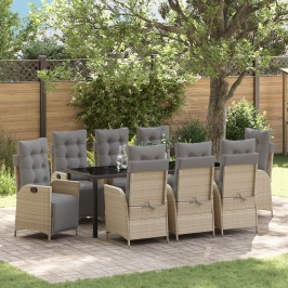 Conjunto de Comedor de Jardín de 9 Piezas Beige Rattan Poliéster