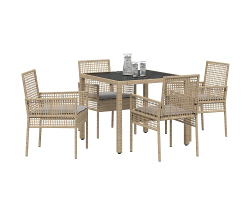 Juego de Comedor de Jardín de 5 Piezas con Cojines Beige de Poliratán