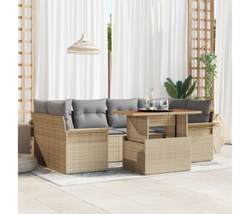 Conjunto de Sofás de Jardín de 7 Piezas con Cojines Beige de Ratán Poliéster Acacia