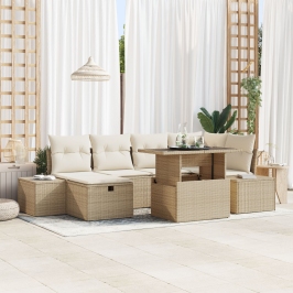 Set de Sofá de Jardín  de 7 piezas con Cojines Beige Poliratán