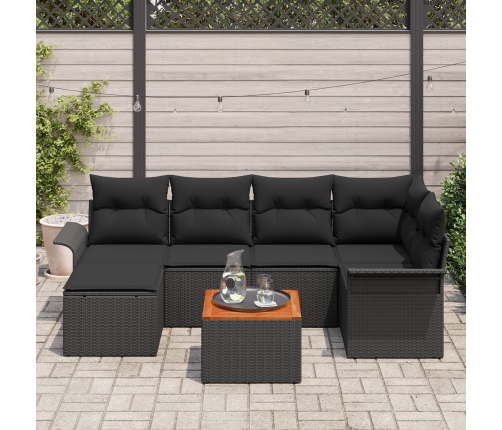 Conjunto de Sofá de Jardín  de 7 Piezas con Cojines Negro Poliratán Acacia