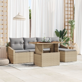 Set de 6 Piezas de Comedor de Jardín con Cojines Beige de Poliratán