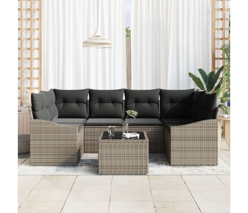 Set de Comedor de Jardín de 7 Piezas con Cojines Gris Polirratán