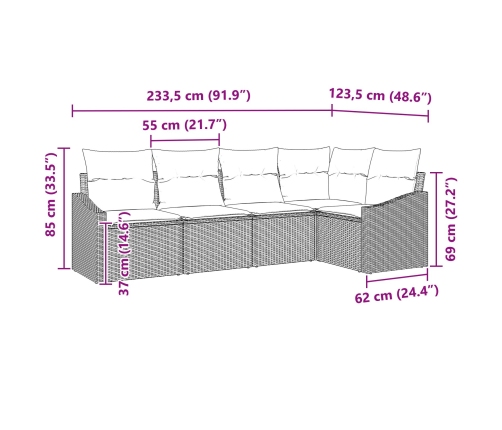Conjunto de Sofá de Jardín de 5 Piezas con Cojines Beige Ratán