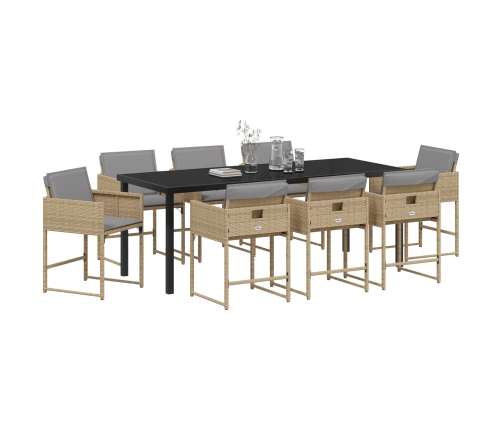 Set de Comedor de Jardín de 9 Piezas con Cojines Ratán Poliéster Beige