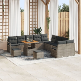 Juego de Sofá de Jardín de 13 Piezas con Cojines en Gris, Poliratán y Acacia, Sofá de Jardín de 2 Plazas con Almacenamiento y Cojines en Gris, Poliratán, Juego de Comedor Jardín de 3 Piezas con Cojines en Gris, Poliratán y Acacia