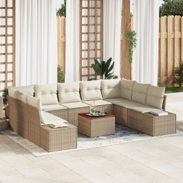 Juego de sofá de jardín de 10 piezas con cojines Beige Poliratán Acacia