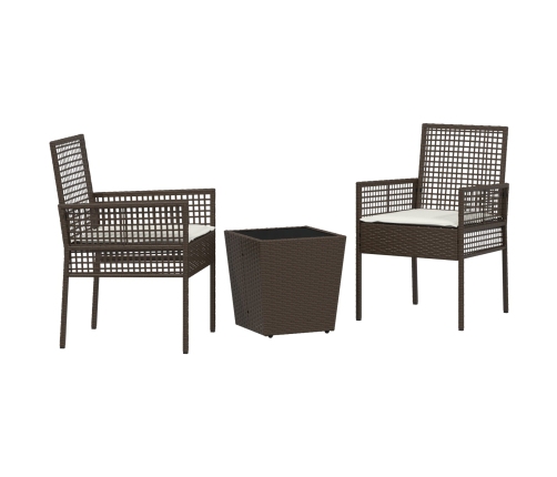 Conjunto de Bistro de Jardín de 3 Piezas  con Cojines Marrón de Poliratán