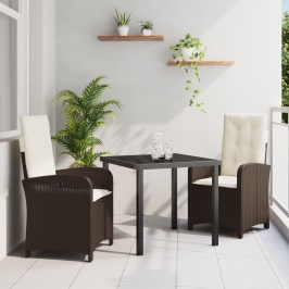Set de comedor de jardín de 3 piezas con cojines - Rattan polimérico marrón