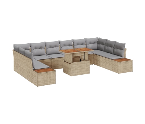 Set de Comedor de Jardín de 11 Piezas con Cojines Beige Ratán Poliéster