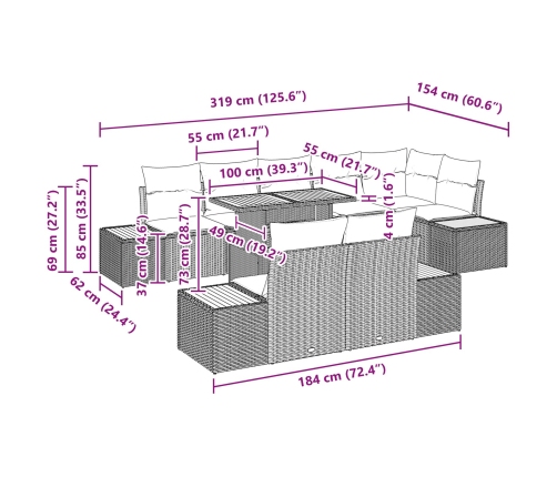 Set de sofá para jardín  Set de 9 Gris, Madera Natural