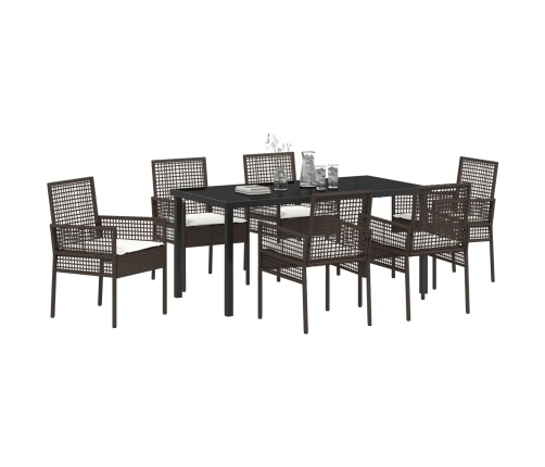 Juego de Comedor de Jardín de 7 Piezas con Cojines Marrón Poliratán