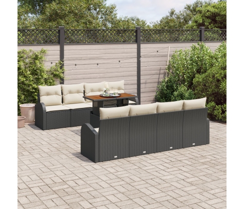 Conjunto de comedor de jardín de 9 piezas  con cojines negros de poliratán y acacia