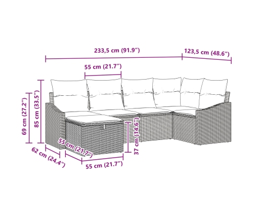 Set de Sofás de Jardín de 6 Piezas con Cojines Beige de Poliratán