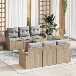 Juego de Sofás de Jardín  de 7 Piezas con Cojines Beige Ratán Acacia