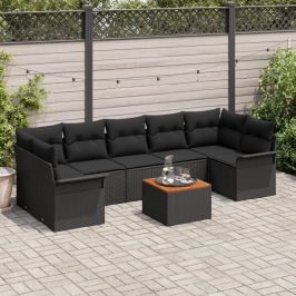 Conjunto de Sofás de Jardín  de 8 Piezas con Cojines en Ratán Poliéster Negro Acacia