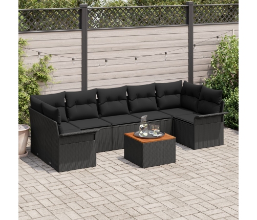 Conjunto de Sofás de Jardín  de 8 Piezas con Cojines en Ratán Poliéster Negro Acacia