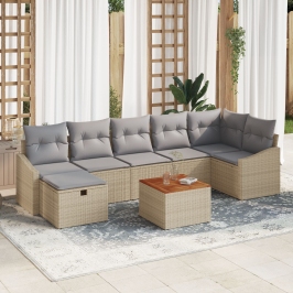 Conjunto de Sofás de Jardín  de 8 piezas con Cojines Beige Poliratán