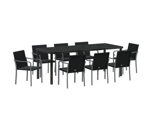 Set de Comedor para Jardín de 9 Piezas con Cojines de Ratan de Poliéster Negro
