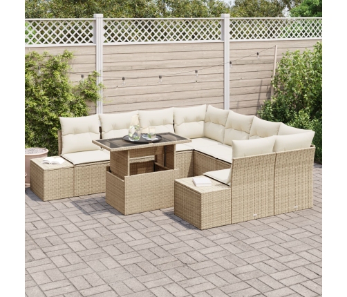 Conjunto de Sofá de Jardín de 9 Piezas con Cojines Beige de Ratán Poliéster