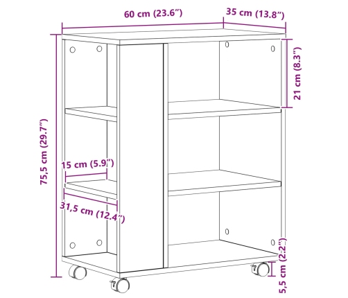 Gabinete Rodante de Roble Negro 60x35x75 cm de