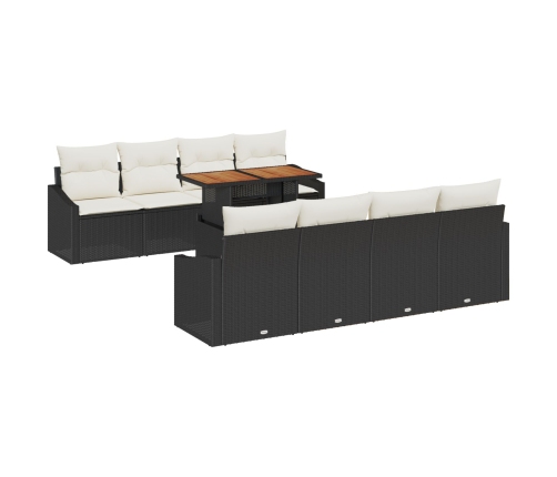 Conjunto de Comedor de Jardín de 9 Piezas con Cojines Rattan Negro Acacia