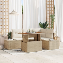 Conjunto de Comedor de Jardín de 5 Piezas con Cojines Beige Ratán Poliéster Acacia