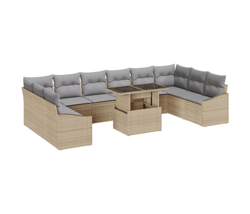 Set de sofá de jardín de 11 piezas con cojines de ratán poli beige