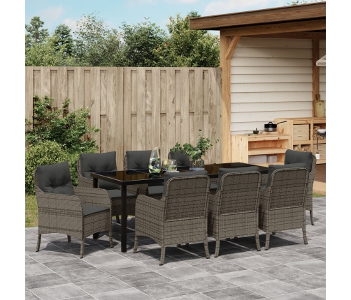 Conjunto de Comedor Jardín  de 9 Piezas con Cojines Gris Ratán Poliéster