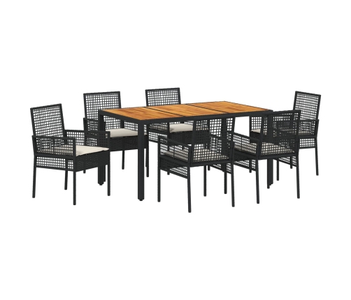 Conjunto de Comedor de Jardín  de 7 Piezas con Cojines Negro Polirratán