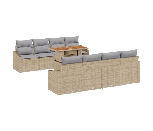 Juego de Comedor de Jardín de 9 Piezas con Cojines Beige Poliratán Acacia