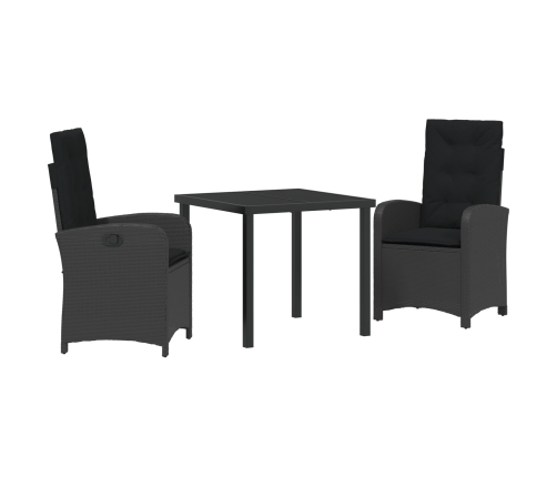 Set de Comedor de Jardín de 3 Piezas con Cojines Negro Poliratán
