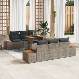 Juego de Comedor de Jardín de 7 Piezas con Cojines Gris Ratán Polímero Acacia