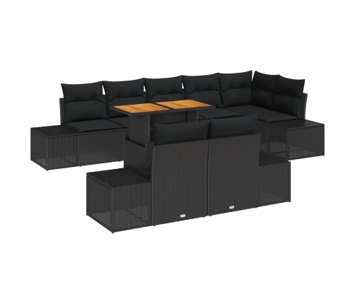 Conjunto de Comedor de Jardín de 9 Piezas con Cojines Negro Ratan de Poliéster Acacia