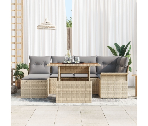 Conjunto de Comedor de Jardín de 7 Piezas con Cojines Beige de Ratán Sintético Acacia