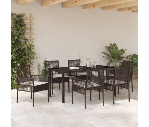 Juego de Comedor de Jardín de 7 Piezas con Cojines Marrón Poliratán